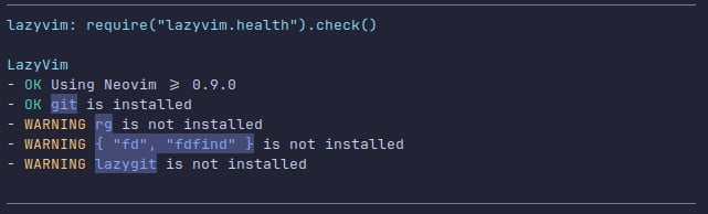 Warning LazyVim rg, fdfind y lazyfit no están instalados.